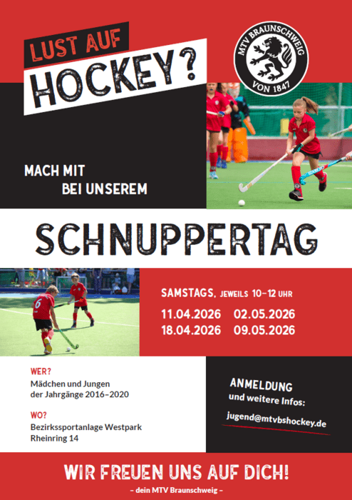 Werbeflyer des MTV Braunschweig für einen Hockey-Schnuppertag. In rotem, schwarzem und weißem Design steht oben „Lust auf Hockey?“. Daneben ist das Vereinslogo zu sehen. Fotos zeigen Kinder beim Feldhockeyspielen. In der Mitte steht