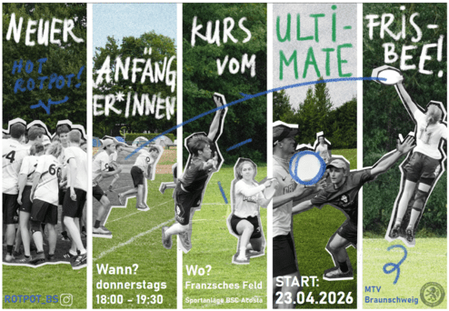 Collagenartiger Flyer für einen Ultimate-Frisbee-Anfängerkurs. Das Bild ist in mehrere vertikale Streifen unterteilt und zeigt Szenen von Jugendlichen beim Spielen auf einer grünen Wiese: eine Teamansprache, Lauf- und Wurfszenen sowie ein S