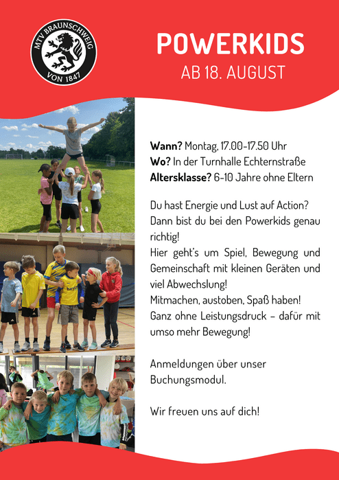 Hier siehst du das Plakat der Powerkids, ein Angebot für 6-10 jährige Kids.