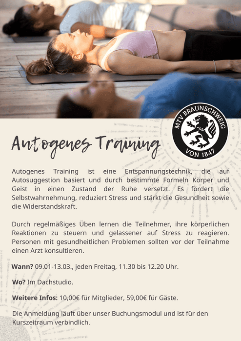 Hier siehst du das Plakat für unseren neuen Kurs "Autogenes Training".