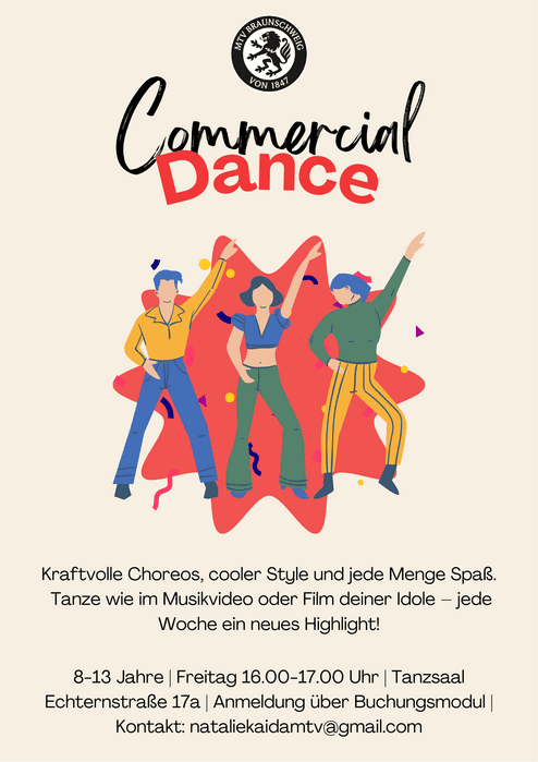 Hier siehst du unser Plakat für den neuen Tanzkurs: Commercial Dance.