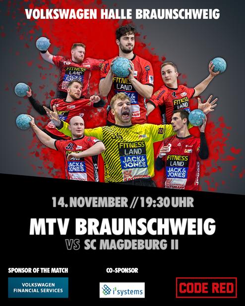 Hier siehst du das Veranstaltungsplakat der 1. Herren gegen die SC Magdeburg II. am 14.11.2025 um 19.30 Uhr. Sieben Spieler mit Ball sind zu sehen.