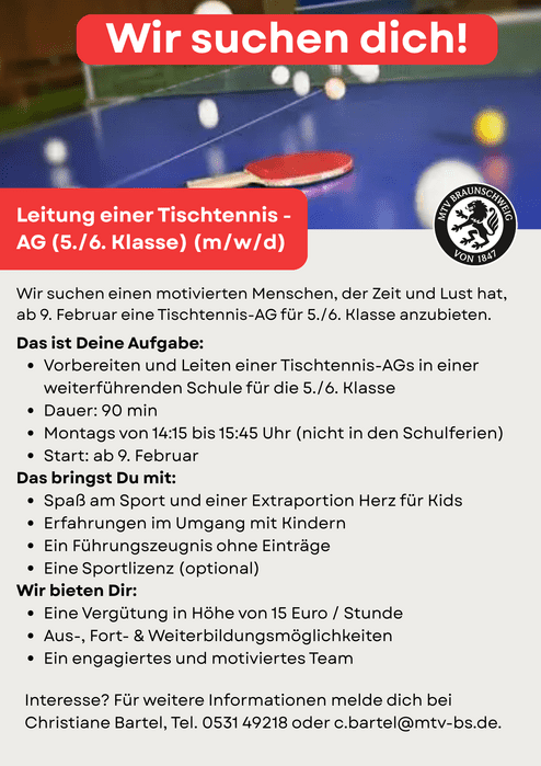 Tischtennis Ag Leiter gesucht Hier siehst du unsere neunen Stellen Ausschreibung für eine Leitung einer Tischtennis Ag