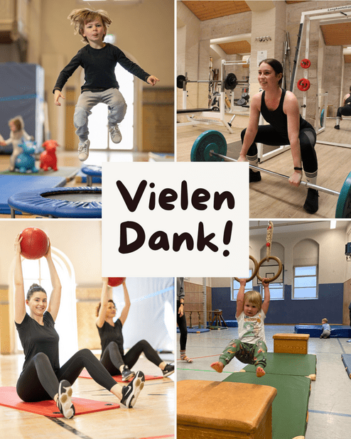 Collage aus vier Fotos aus dem Sportbetrieb: Oben links ein Kind, das auf einem Trampolin springt, oben rechts eine Frau beim Kreuzheben im Fitnessraum, unten links zwei Erwachsene beim Training mit Gymnastikball und unten rechts ein Kind, das an Ringen i