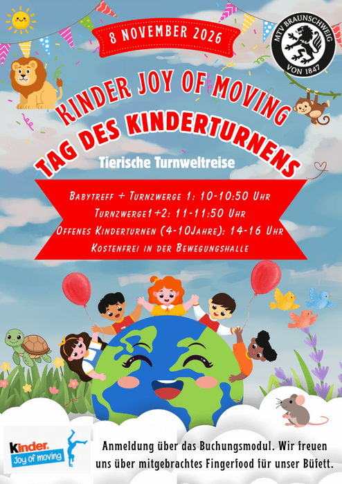 Kinder hinter einer Weltkugel die sich an den Händen fassen. Tag des Kinderturnens am 8.11.2026 mit verschiedenen Kinderturnangeboten.